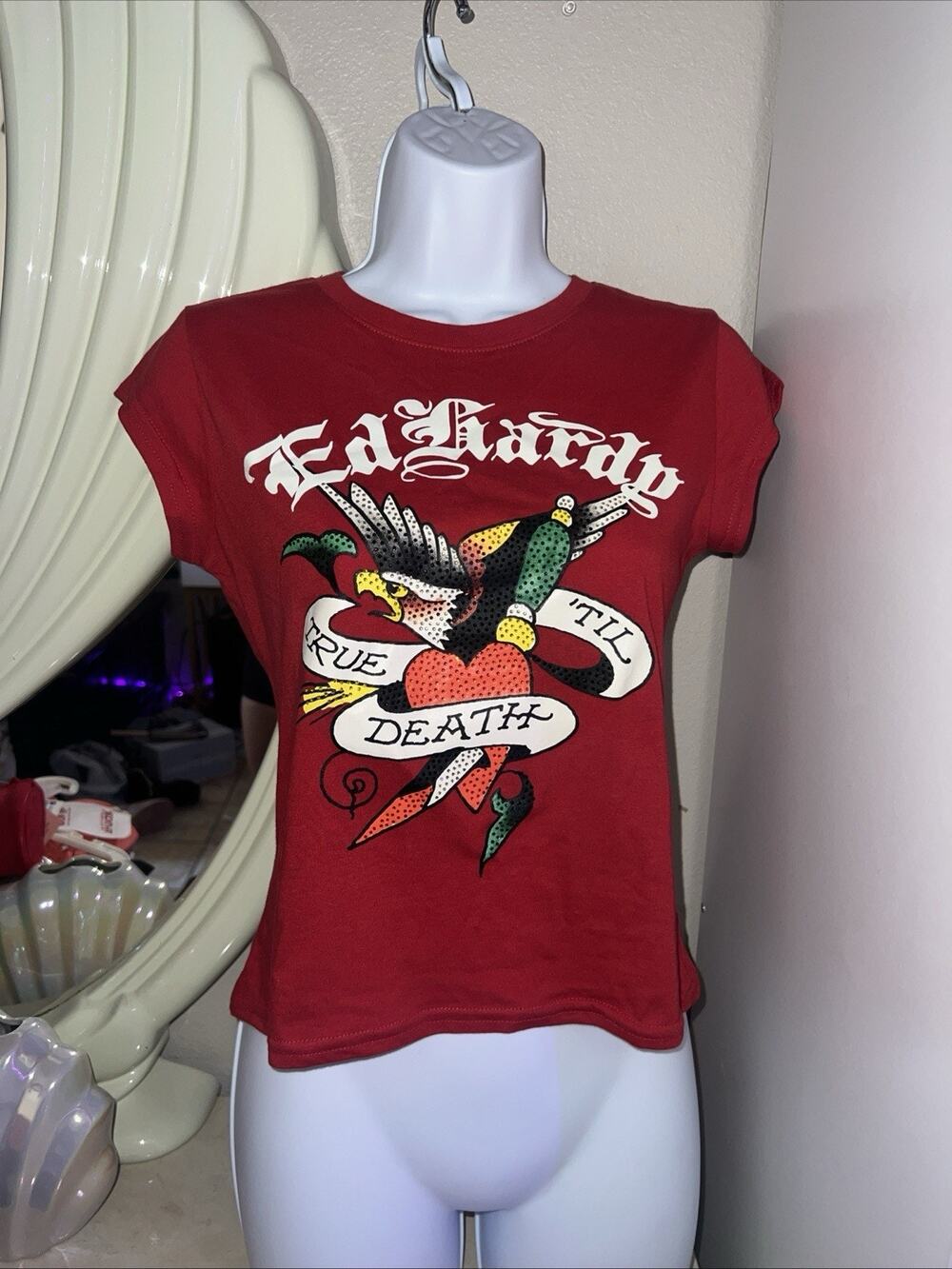 Ed Hardy True Eagle Rhinestone Red Cap Sleeve T-Shirt Size Medium